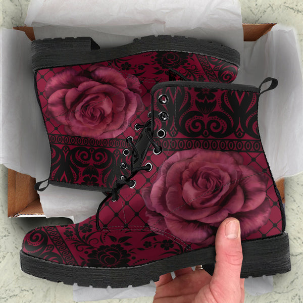 Maroon Combat Boots - Gothic Lace Print #110 Roses | Custom