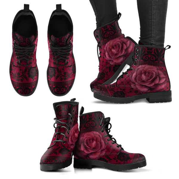 Maroon Combat Boots - Gothic Lace Print #110 Roses | Custom