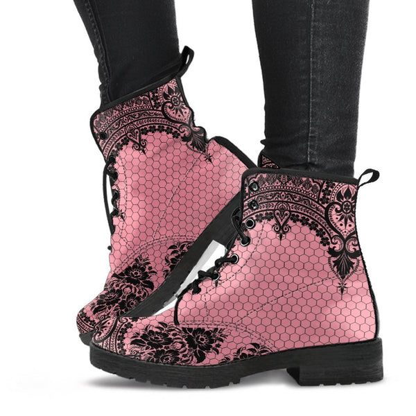 Pink Combat Boots-Gothic Lace Print 109 | ACES INFINITY