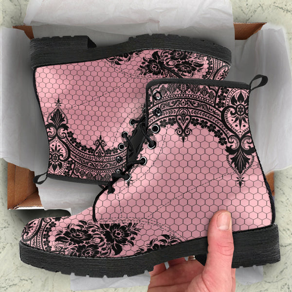 Pink Combat Boots - Gothic Lace Print 109 | Custom Shoes