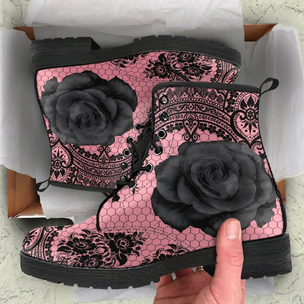 Pink Combat Boots-Gothic Lace Print 109 Roses | ACES 