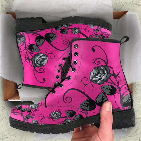 Pink Combat Boots - Gray Roses | Boho Shoes Handmade Vegan