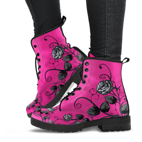 Pink Combat Boots - Gray Roses | Boho Shoes Handmade Vegan