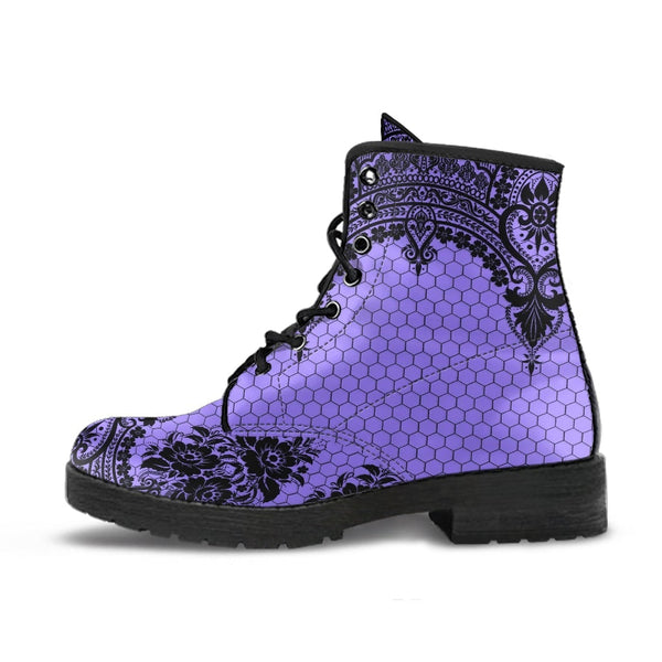 Purple Combat Boots-Gothic Lace Print 112 | Unisex Boots