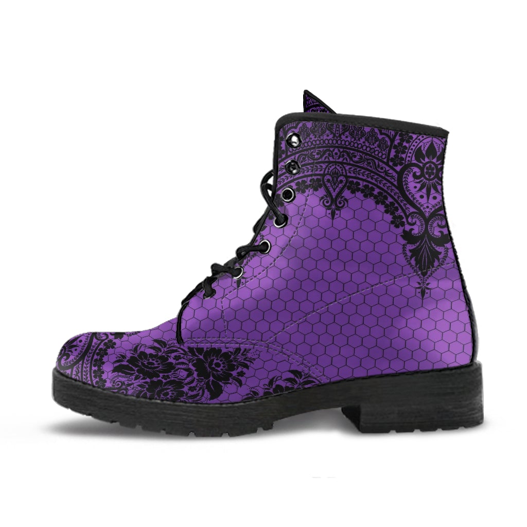 Purple Combat Boots-Gothic Lace Print 112 | Unisex Boots