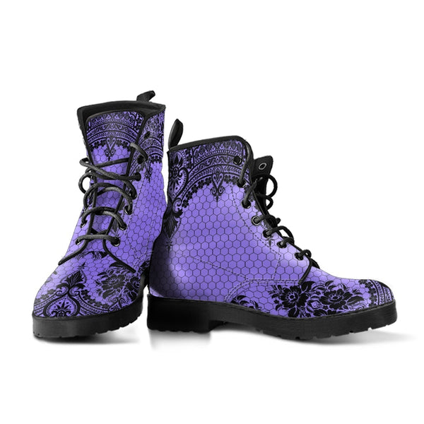 Purple Combat Boots-Gothic Lace Print 112 | Unisex Boots