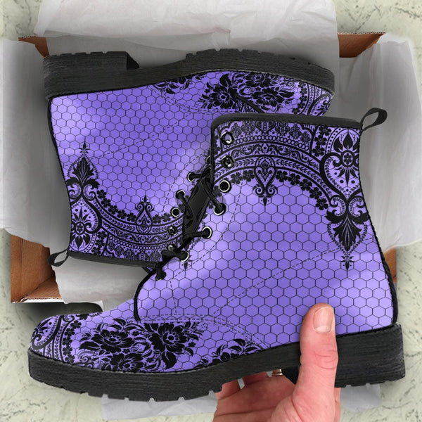 Purple Combat Boots-Gothic Lace Print 112 | Unisex Boots