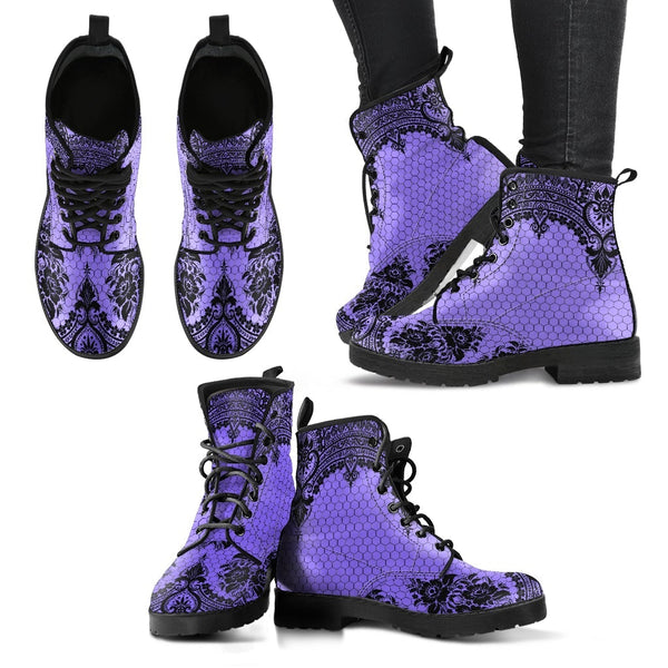 Purple Combat Boots-Gothic Lace Print 112 | Unisex Boots