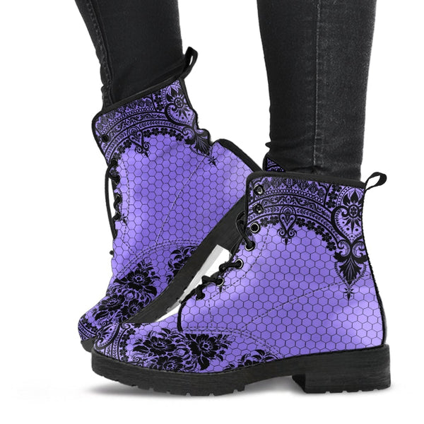 Purple Combat Boots-Gothic Lace Print 112 | Unisex Boots