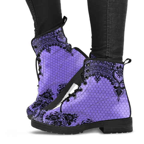 Purple Combat Boots-Gothic Lace Print 112 | Unisex Boots