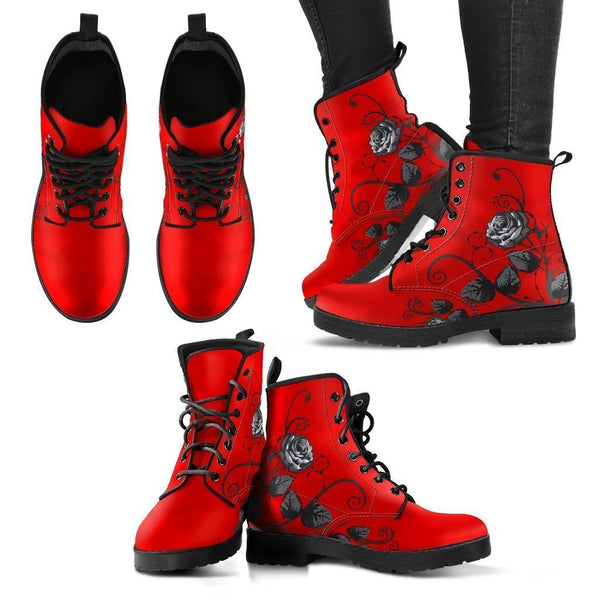 Red Combat Boots - Black Roses | Red Boots Boho Shoes 