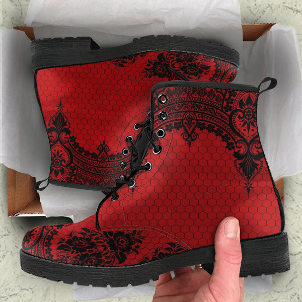 Red Combat Boots-Gothic Lace Print 111 | Unisex Boots Custom