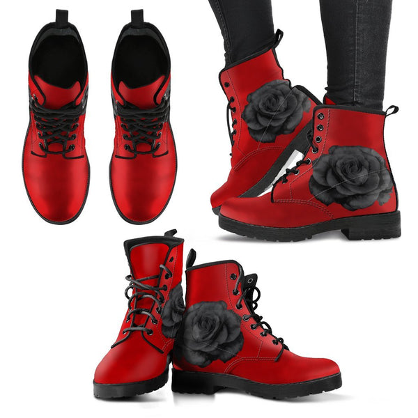 Red Combat Boots-Roses | ACES INFINITY