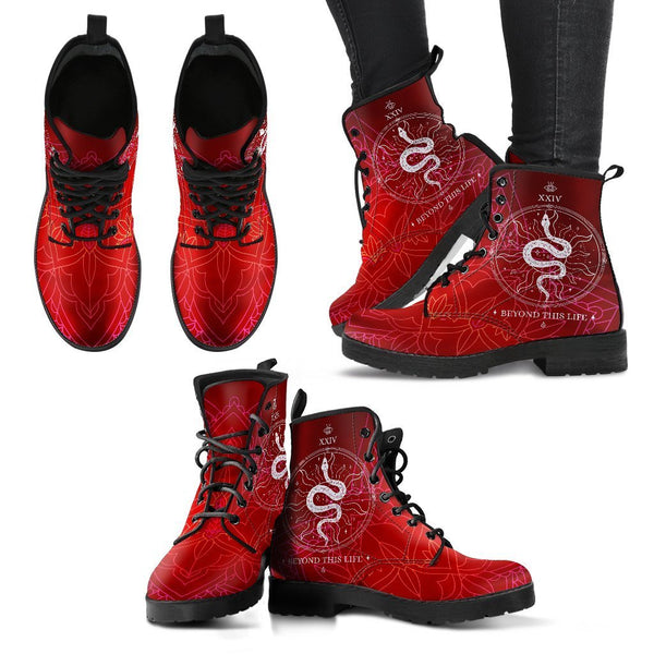 Red Combat Boots - Snake Boots | Vegan Leather Lace Up Boots