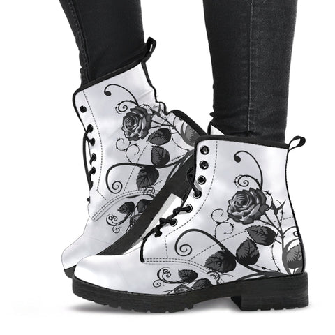 White Combat Boots - Gray Roses | Boho Shoes Handmade Lace