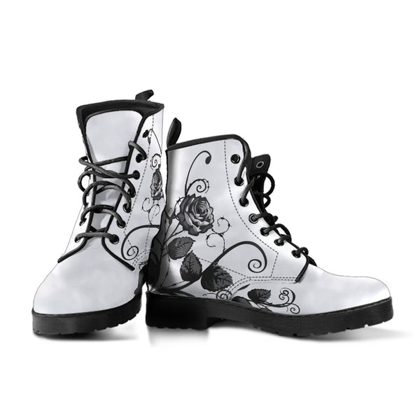 White Combat Boots - Gray Roses | Boho Shoes Handmade Lace